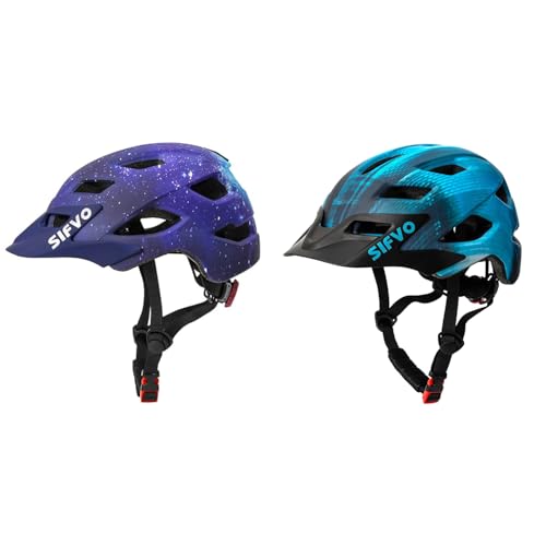 2 Pack Kids Helmet, SIFVO Boys and Girls Bike Helmet with Cool Visor Helmet for Kids 5-14, Adjustable & Lightweight 50-57cm(Starry Sky+Cool Ray)
