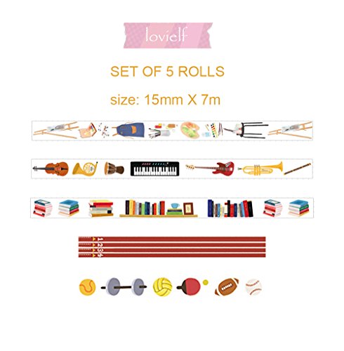 School Life Sports Ball Painting Musical Instrument Axe Track Book Washi Tape Set of 5 Rolls - Planner Decorative DIY Japanese Masking StickyWashi Tape Set(Width: 15mm)