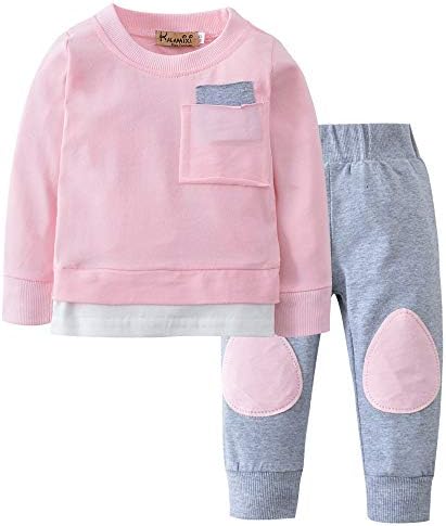 GBSELL 2PCS Toddler Baby Girl Fall Winter Jersey Clothes Pocket Tops + Patch Pants Set (Pink, 12-18 months)