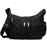 Volcanic Rock Shoulder Bag Corss-body Purse Waterproof Nylon Handbags with Zipper for Women(8981_Black-Large)