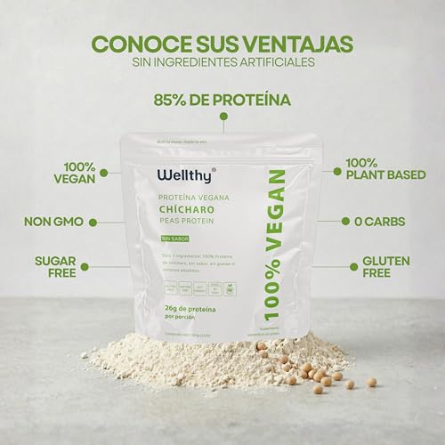 Wellthy Peas Protein Proteína Vegana de Chícharo 1.8kg. 60 Porciones por Envase, 100% Natural, 100% Plant Based, Low Carb, Gluten Free, Sugar Free, Bottle Free.