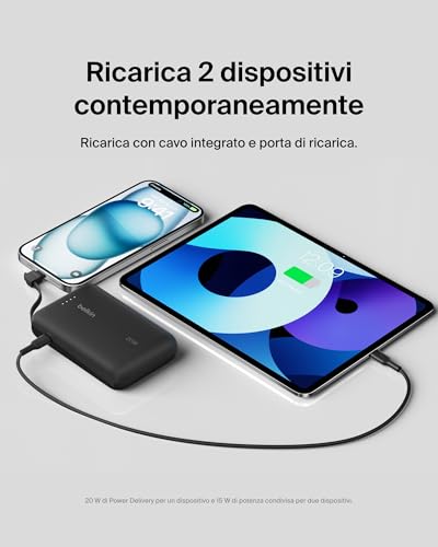 BoostCharge power bank 10 000 mAh con cavo integrato 20 W PD, caricatore portatile, ricarica USB-C PD rapida, power bank con ricarica rapida per iPhone 16 Series, iPad Pro, Galaxy S24 e altri