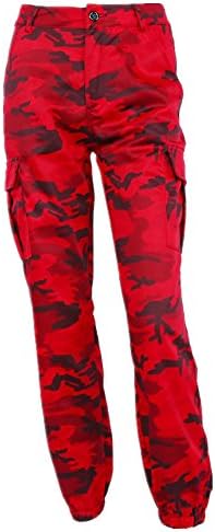 JIGAE Autumn New Collection Women Fashion Casual Street Style Camouflage Print Tooling Denim Pants (M, All Red)