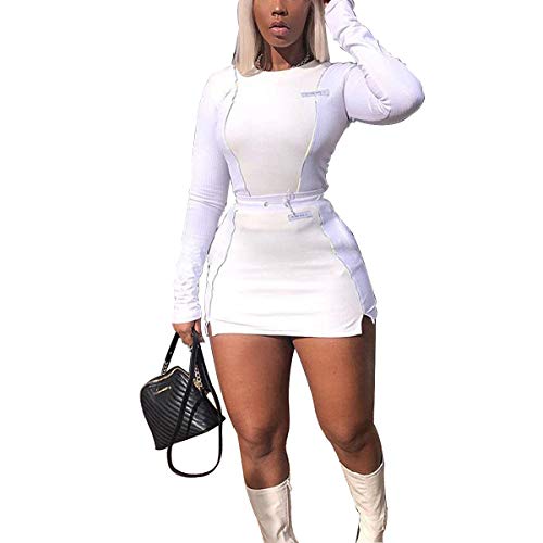 LuFeng Women's Sexy Fashion Reflective Striped Long Sleeve 2 Piece Outfits Crop Top and Mini Bodycon Skirt Set (XL, White) - Thumbnail 6