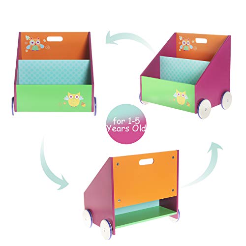 Hessie Little Toddler Kids Portable Wooden Bookcase/Bookshelf on Wheels, Book Storage/Shelf
