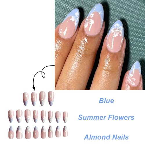 Blue French tips Press on Nails Medium Almond Fake Nails with Design White Flower Glue on Nails Glossy Spring Nails Reusable Summer False Nails for Women Girls Manicure 24pcs - Image 2