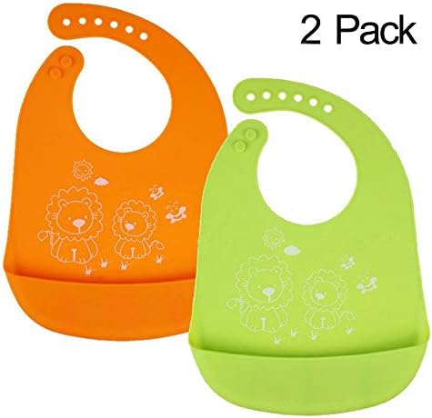 Ungfu Mall 2PCS Baby Bibs Waterproof Silicone Bib for Babies, Wide Food Crumb Catcher Pocket Unisex Bibs for Infant Toddler, 2pcs Spoons, 1pc Pork