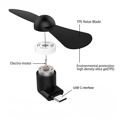 Dylviw Type C Mini Fan USB C Mini Phone Fan for Android Samsung Galaxy S8, S8 Plus, Google Pixel, Nexus 6p, Huawei V9 (Black) - Thumbnail 2