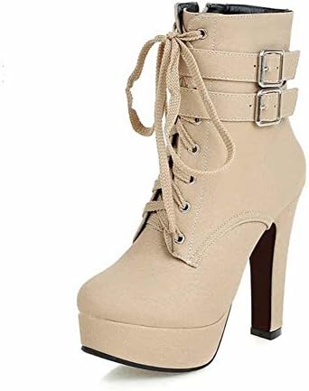 Boots For Women Fashion Ankle High Heels Buckle Round Toe Platform Sexy Style Beige 7.5