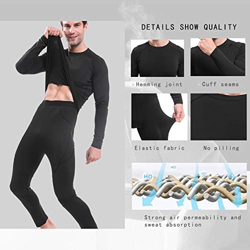 Mens Thermal Underwear Sets Base Layer Warm Top & Bottom Compression Winter Ultra Soft Gear Sport Long Johns Set for Men (Black, Large) - Thumbnail 3