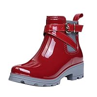 Womens Rain Boots Platform Slip On Ankle Booties Elastic Martin Short Rainy Shoes Red