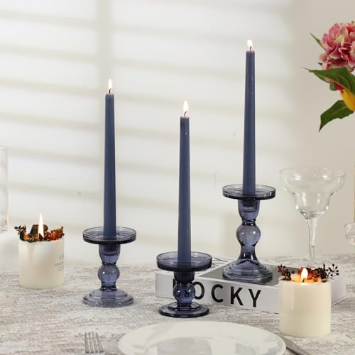 Blue Glass Candle Holder Set, QENUIITEA Set of 3 Clear Candlesticks Holders Pillar Taper Candles Tea Light Stand for Centerpieces Church Wedding Party Home Decor Dining Table
