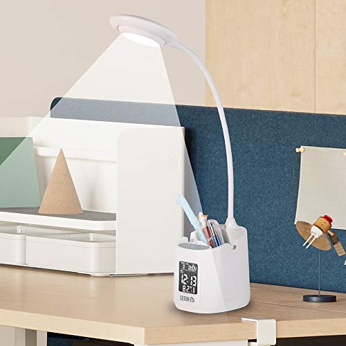 GERINTECH LED Desk Lamp with Clock, Battery Operated Table Lamp with Pen Holder for Kids Dorm