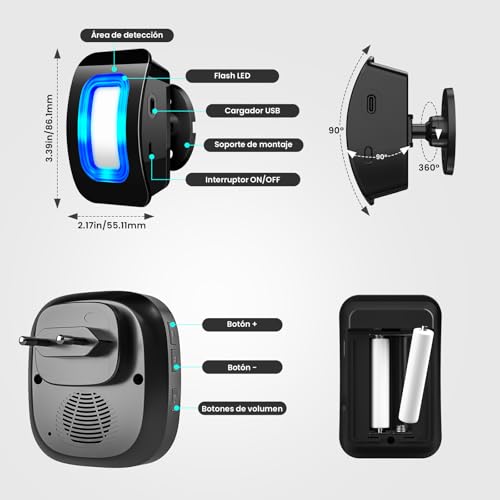 PHYSEN Wireless Motion Sensor with Sound Alarm, Doorbell, Shop Motion Sensor, Wireless Doorbell, 58 Tones + 5 Volumes, for Entry/Home/Shop/Office
