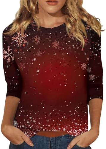Funny Christmas Jumpers for Womens 3/4 Sleeve Tunic Tops for Women UK Cute Xmas Outfits Crewneck Pullover Blouse Casual Snowflake Printed Ladies Holiday Shirts S