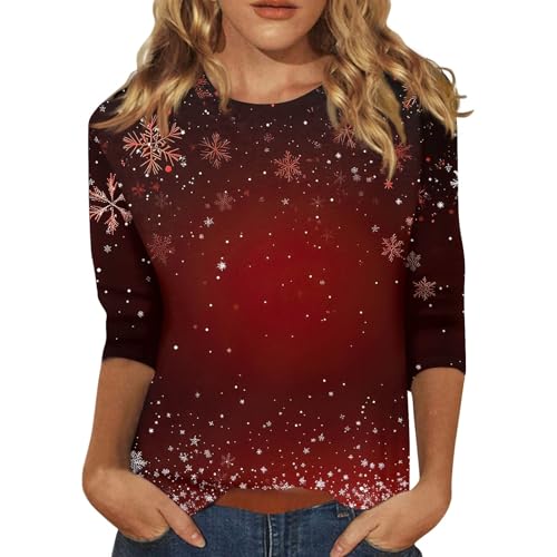 Funny Christmas Jumpers for Womens 3/4 Sleeve Tunic Tops for Women UK Cute Xmas Outfits Crewneck Pullover Blouse Casual Snowflake Printed Ladies Holiday Shirts S