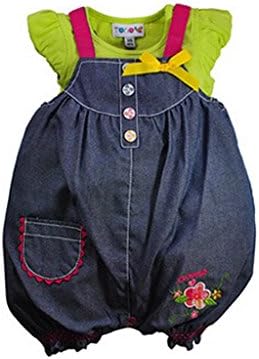 Torio Girls' Summer Flower Denim Overalls with Top 9/12 Months Blue/Lime Green
