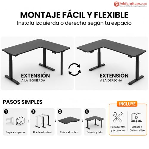 FOH Furniture Escritorio Eléctrico en L Ajustable en Altura 160x140 cm, Esquinero Sit Stand, Estación de Trabajo Ergonómica, Estructura de Acero, para Oficina en Casa, Negro