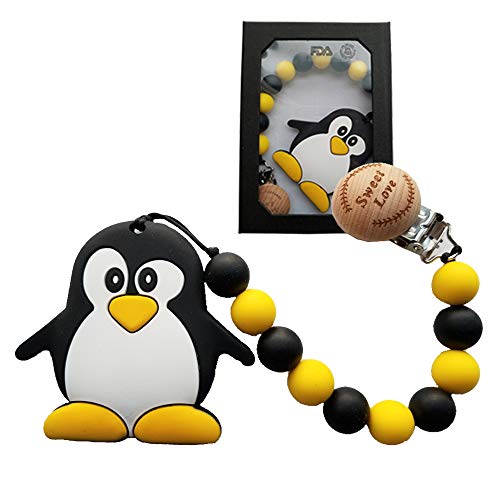 MY BIBY Baby Pacifier Clip, BPA Free Silicone Teething Beads Binky Holder, Baby Girls Boys Shower Gifts Teether Toys, Teething Necklace, Cute Penguin Teether