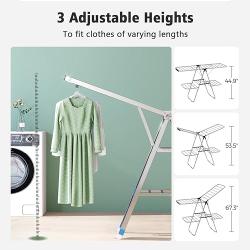 3 Tier Extendable Clothes Drying Rack, 1.8M Compact Stainless Clothes Stand,Winged FreeStanding Laundry Dryer Rack for Drying Clothing Indoor Outdoor,Height-Adjustable Wings,33 Rails,Sock Clips,Wheels