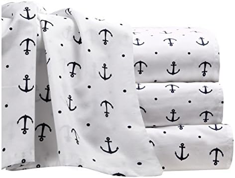 Anchor Sheet Set with Deep Fitting Pockets, White with Navy Blue Anchors and Polka Dots, 4 Piece Sheet and Pillowcase Set - King, Anchors