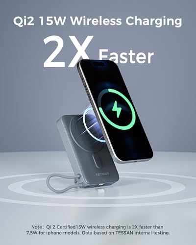 TESSAN 10000mAh Power Bank Inalabrico, PD 35W Cargador USB C Magnética Carga rápida, Batería Portátil con Cable USB-C Incorporado y Soporte Compatibles con iPhone Serie 17/16/15