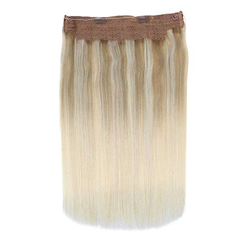 LaaVoo 12" Adjustable Invisible Wire Halo Hair Extensions Balayage Ash Blonde to Light Blonde and Platinum Blonde Remy Flip Human Hair 80 Grams 11inch Width (#18/22/60) - Thumbnail 2