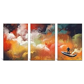 3 Panel Canvas Wall Art - Abstract Man Boating Monster Country - Giclee Print Gallery Wrap Modern Home Art Ready to Hang - 16"x24" x 3 Panels