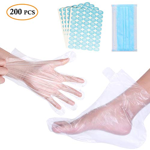 Paraffin Bath Liners 200pcs Disposable Plastic Gloves & Foot Cover Thermal Cozies Bags for Paraffin Wax Hand & Foot Care Accessories with 200pcs Stickers for Snug Closure