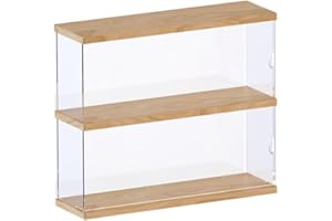 Choowin 2-Layer Clear Acrylic Display Case with Door,Display Shelf for Funko Pop,Countertop Display Case for Collectible Action Figure,Dustproof Storage Organizer(11.8x3.9x10.6 inch,Wood)