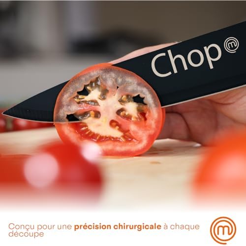 MasterChef Set Couteau Cuisine, Couteaux compris le Hachoir, Office, Chef, Legume & Eplucheur, Set Noir Inox avec Poignées Confortables, Collection Antirouille, Noir with captions, 5 Pièces