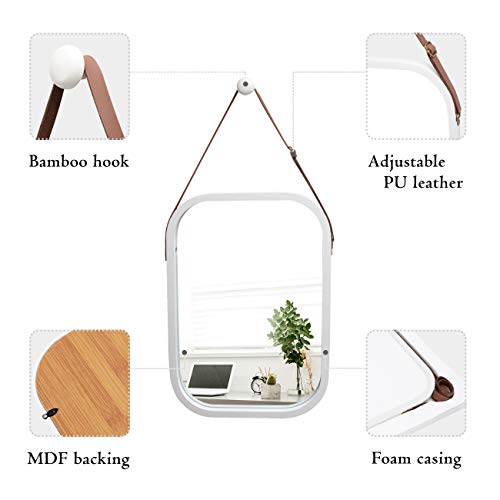 Bathroom Mirror Wall Mount - Bamboo Frame Adjustable Hanging Strap Rectangular Vanity Bedroom Dressing Mirror Hook Offered Home Decor (White, 15.95''x12.99''x0.59'')