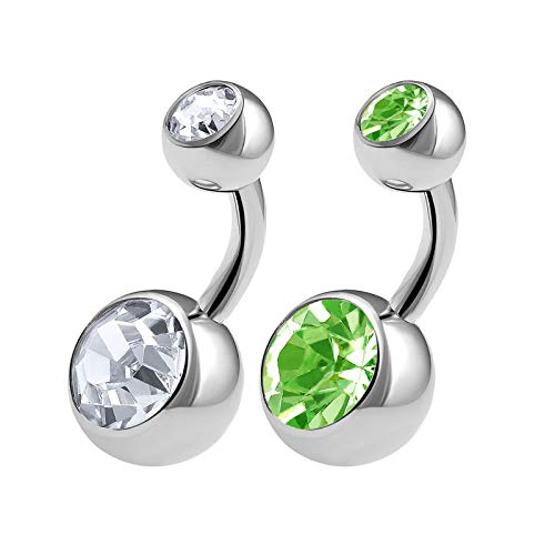 KJM FASHION 2PCS 316L Surgical Steel Short Belly Button Rings Studs 14 Gauge 1/4 6mm Peridot Crystal Balls Navel Piercing Jewellery 0567 — image 1