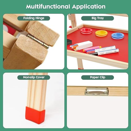 Hcosmy Wooden Art Easel for Kid, Double Sided Kids Easel with Whiteboard & Chalkboard, Height Adjustable Standing Toddler Easel with Number and Painting Accessories, Education Gift for Boys and Girls
