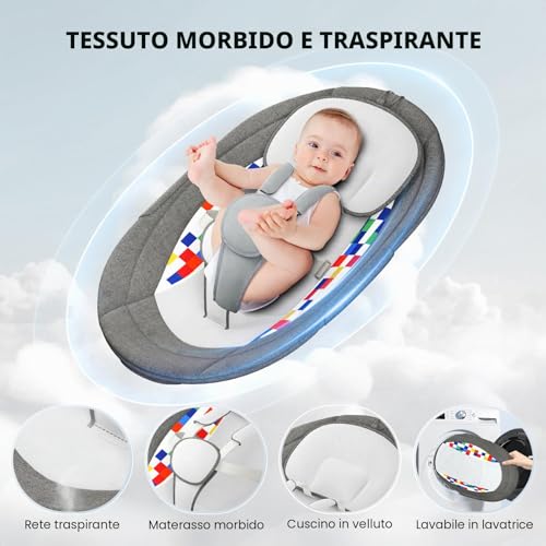 Ixdregan APP Operation Baby Bouncer, 5-Point Harness Improved Electric Baby Swing with 3 Timers, 5 Speed Swing, 10 Musics, Baby Bouncer, Bluetooth Soft Padded 0-9 kg