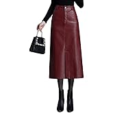 SUNYUESTAR Long Leather Skirts for Women Casual High Waisted Fall Winter Bodycon Midi Skirt with Slit