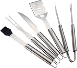 BBQ Grill Tools Set–5 Piece Heavy Duty Stainless Steel Grilling Utensils, Complete Barbecue Set With Spatula, Tongs, Fork, Knife And Basting Brush