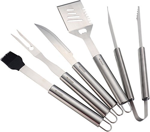 BBQ Grill Tools Set–5 Piece Heavy Duty Stainless Steel Grilling Utensils, Complete Barbecue Set With Spatula, Tongs, Fork, Knife And Basting Brush