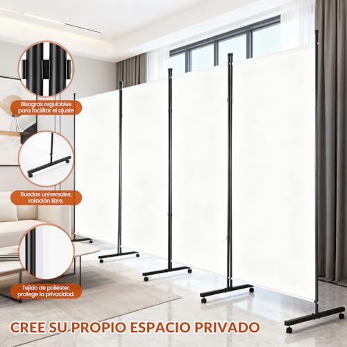 JERZOU Biombos Separadores de Espacios con Ruedas, 4 Paneles 372 x 185CM, Divisor de Habitacion Plegable, Separador de Ambientes, Color Blanquecino