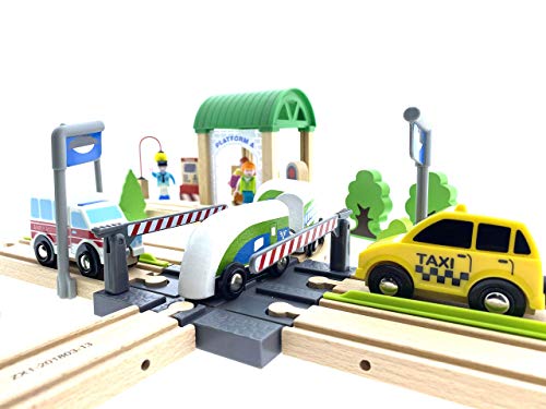 Holzeisenbahn Holzbahn / Zug mit Schienen / Train Station Holzautobahn 110 Teile – Bild 4