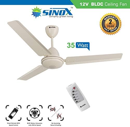 Sinox Solar BLDC High Speed Ceiling Fan 48" Including Remote,12V DC 35 Watts,Operate from Solar Or Through 12V DC (Ivory)