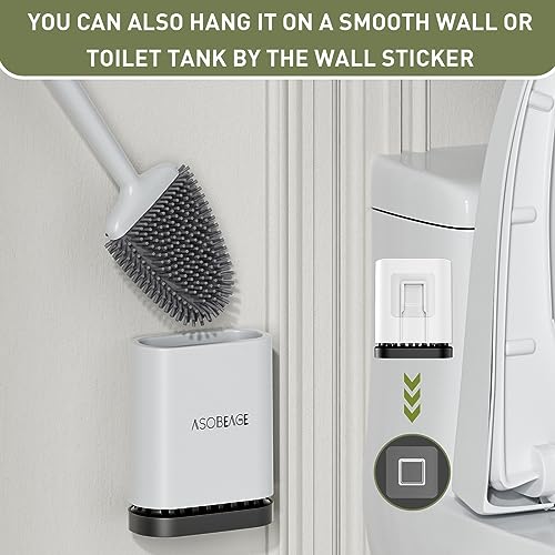 ASOBEAGE Silicone Toilet Brush: Flexible Head, Long Handle, Wall-mounted, Quick-drying Holder for Bathroom Clean (White)