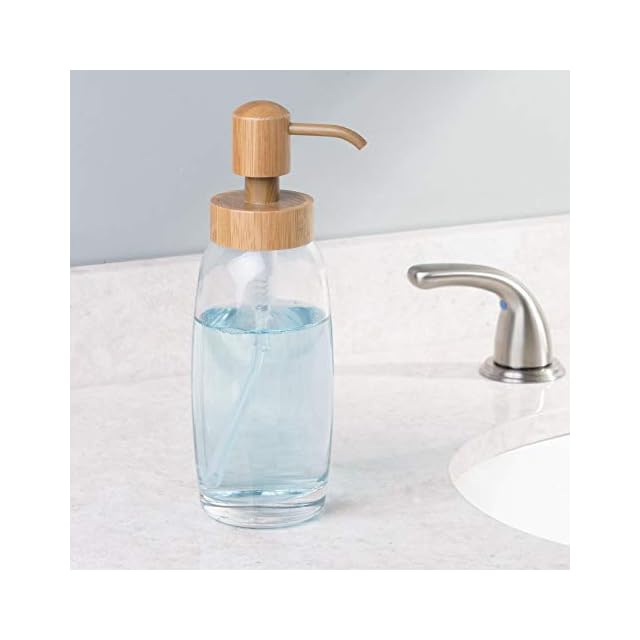 mDesign Glass Soap Dispenser Pump, Canister Jar for Cotton Balls/Swabs