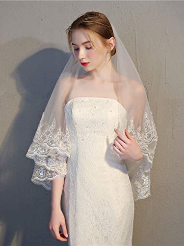 Barogirl Wedding Veil Lace Appliques 2 Tier Bridal Veil Fingertip Length with Comb (White) - Thumbnail 6