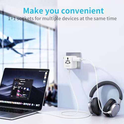 5 in 1 Universal Travel Adapter,Universal Travel Socket with 1 USB A,2 USB C,1 Universal Socket,1 US/JP Socket and Adapter International Plug for Italy UK US Australia Thailand Mexico