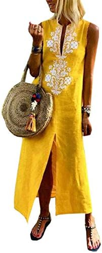 Asskdan Women's Floral Printed Cotton Linen Long Sleeve Solid Loose V Neckline Boho Long Dress Kaftan Casual Dress
