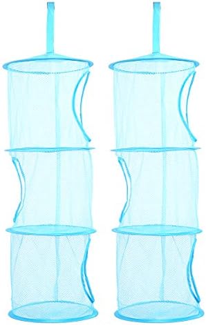 TIRSU Mesh Hanging Storage Organizer toy storage space saver bags 3 Compartments for kid room blue 2pieces lz0001-blue