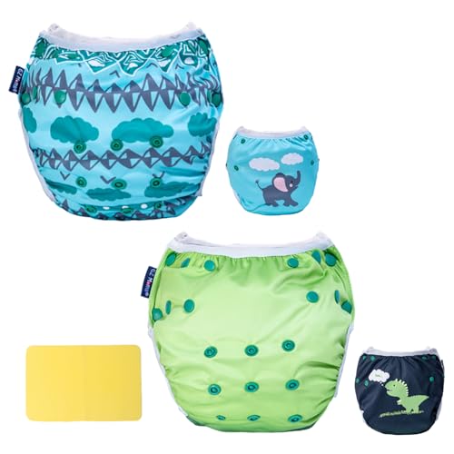 EZ Moms Baby Swim Diapers Reusable 2Pcs Large Size Snap Adjustable Washable One Size Toddler Swim Diaper with a Shammy Towel for Baby Boy Water Diaper Waterproof Swimming Diapers for Swimming Lessons
