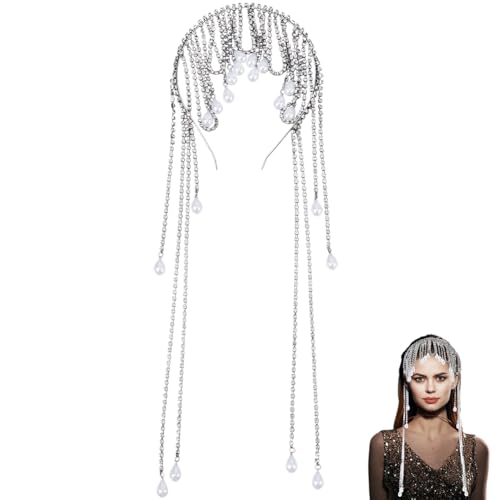 CABODYALS Platinum Rhinestone Pearl Tassel Headband Shiny Rhinestones Plastic Pearls Charms Hair Band Vintage Sparkly Crystal Fringe Chain Flapper Charm Headbands for Women Wedding Bridal Headpiece