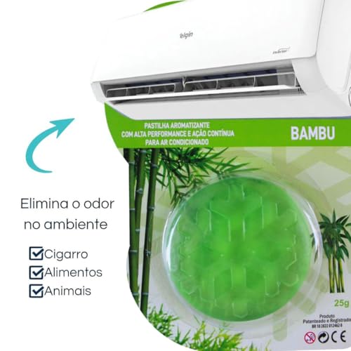 Pastilha Bactericida Aromatizante para Ar Condicionado Split – AROMA BAMBU (25g) Higienizadora Ação neutralizadora de odores Aroma contínuo ELIMINA MAU CHEIRO